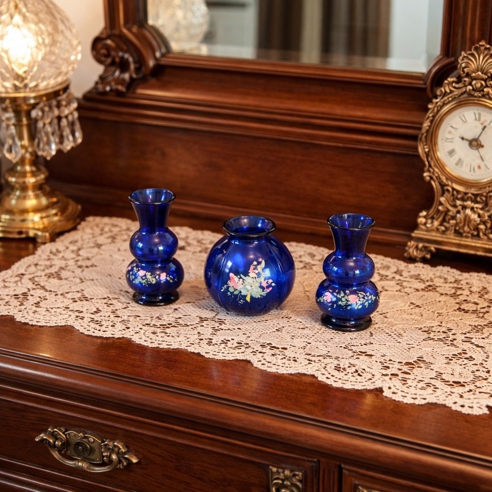 Set of 3 Vintage Cobalt Blue Glass Vases‎ Hand Painted Floral Accent